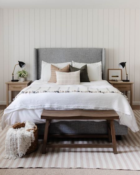 Gray Upholstered Bed, Grey Headboard Bedroom, Grey Upholstered Bed, Grey Bed, Bedroom Colour, Shiplap Wall, Grey Headboard, Wood Bedroom, Bedrooms Decor