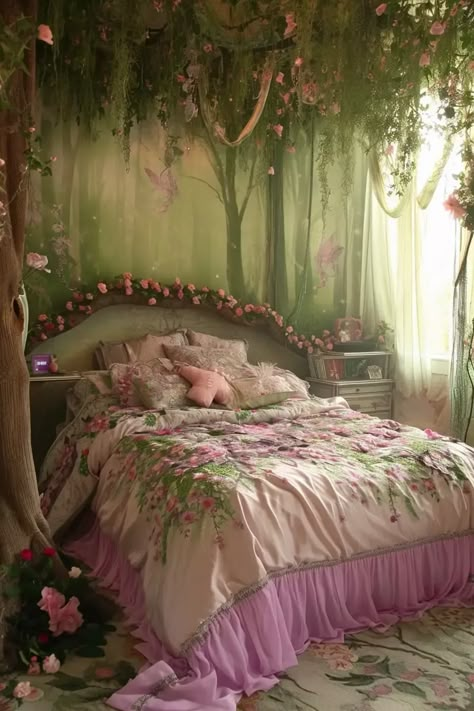 25 Magical Fairy Bedroom Ideas for a Touch of Whimsy - Roomy Retreat Fairy Bedroom Wallpaper, Fairytale Inspired Bedroom, Diy Magical Decor, Fairycore Bedroom Pink, Fairy Theme Bedroom Ideas, Fairy Princess Bedroom Aesthetic, Fairy Aesthetic Room Decor, Princess Inspired Bedroom, Fairy Room Decor Bedroom Ideas