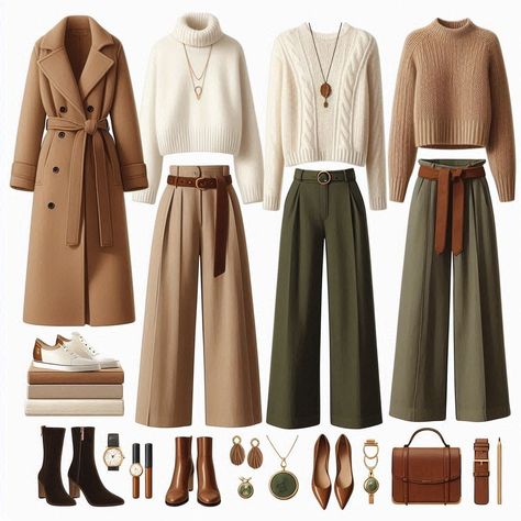 Modern Academia Fashion, Earth Tone Office Outfit, Taupe Color Combinations Outfit, Earthy Academia Outfits, Capsule Wardrobe Academia, Cottage Core Business Casual, Autumn Girl Outfit, Witchy Academia Outfit, Everyday Office Outfits