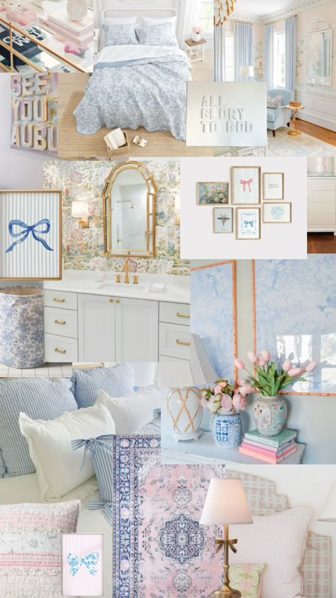 Blue Dorm Room Aesthetic Vintage, Preppy Blue Room Ideas, Room Ideas Costal Grandaughter, Light Pink And Blue Room Aesthetic, White Blue And Gold Bedroom, Blue Love Shack Fancy Room, Sorority House Bedroom, Pink And Blue Dorm Room Aesthetic, Blue Love Shack Fancy Bedroom