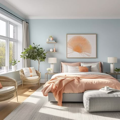 Bedroom Decor For Light Blue Walls, Light Blue Paint Bedroom Ideas, Bedroom Decor Light Blue Walls, Bedroom Wall Colors Aesthetic, Peach Colored Rooms Bedrooms, Pastel Accent Wall Bedroom, Light Blue Bedroom Walls Colour Schemes, Light Blue And Peach Bedroom, Sky Blue Bedroom Walls Decorating Ideas