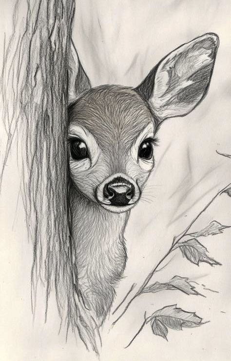 Drawing Ideas About Nature, Drawings Of Nature Easy, Beautiful Drawings Of Nature, Beautiful Ideas For Drawing, Realistic Fox Drawing, Drawing Deer Sketches, Realistic Deer Drawing, Drawing Ideas For New Year, What To Draw Easy Ideas