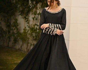 Anarkali suit | Etsy IN Black Pakistani Dress, Chanderi Anarkali, Tailor Design, डिजाइनर कपड़े, Black Anarkali, Black Frock, Long Frock Designs, Beautiful Black Dresses, Frock Fashion