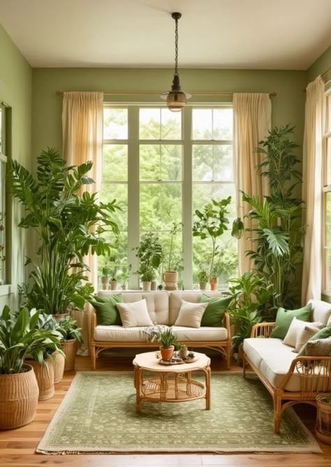 Forest Style Living Room, Living Room With House Plants, Pistachio Green Room, Jade Green Living Room, Green Cozy Living Room, Plant Wall Living Room, Living Room Green Walls, Forest Green Living Room, Light Green Living Room