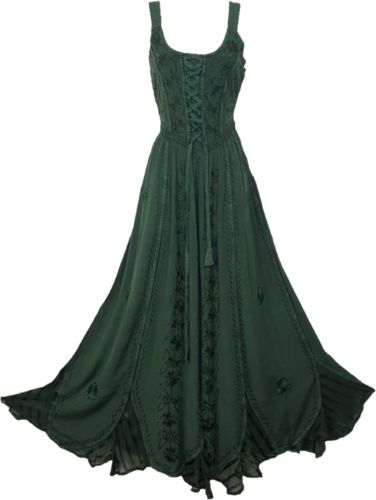 Luxury Fantasy Dresses For Medieval Festivals, Pretty Dark Green Dress, Green Dresses., Pretty Green Long Dresses, Dark Green Prom Dresses Corset Top, 2 Piece Dress Formal Green, Dress Greens Army, Pirate Bridesmaid Dresses, Green Boho Dress Casual