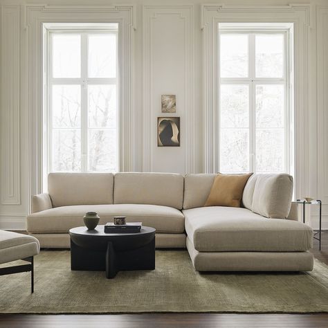 haven-2-piece-terminal-chaise-sectional-h3422 West Elm Couches, West Elm Haven Sectional, Chaise Couch Living Room Layout, L Couch Living Room, Cozy Sectional Living Room, Chairs By Fireplace, Contemporary Spanish Interiors, West Elm Sectional, Bear Furniture