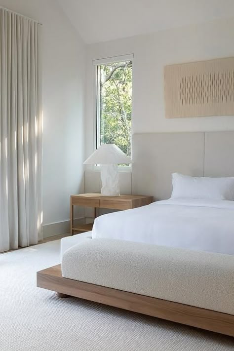 Bedroom features a light brown wood platform bed with light gray headboard and a light brown wooden nightstand lit by a white crinkled lamp. Hamptons Modern, Beautiful Modern Homes, Custom Furniture Design, Bed Lights, Wood Platform Bed, My New Room, Dream Bedroom, 인테리어 디자인, Decoration Design