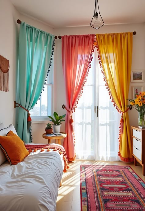 Boho Bedroom Curtains ideas Hanging Bedroom Curtains, Diy Door Curtain Boho, Curtain Embellishments Diy, Boho Closet Curtains, Curtains Living Room Colors, Room Decor Ideas Indian Style, How To Style Curtains, Room Curtains Bedroom Ideas, Jeans Jacket Design