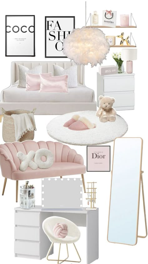 Cute Ikea Bedroom Ideas, Room Decor Ideas Preppy, Pink Teen Room Ideas, Room Ideas Vibe, Aesthetic Room Furniture Ideas, Grey Room Inspo Aesthetic, Glamor Bedroom, Cute Trendy Room Ideas, It Girl Room Decor