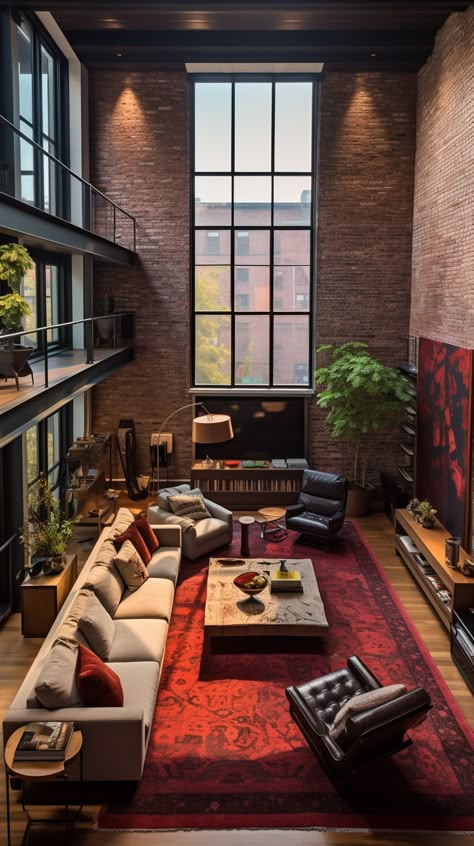 Brick Walls Apartment, Modern Brick House Interior, New York Loft Apartment Industrial Exposed Brick, Retro Loft Apartment, Loft Apartment Lighting, Loaf Apartment, New York Interior Style, Modern Brick Interior Design, Nyc Brick Apartment