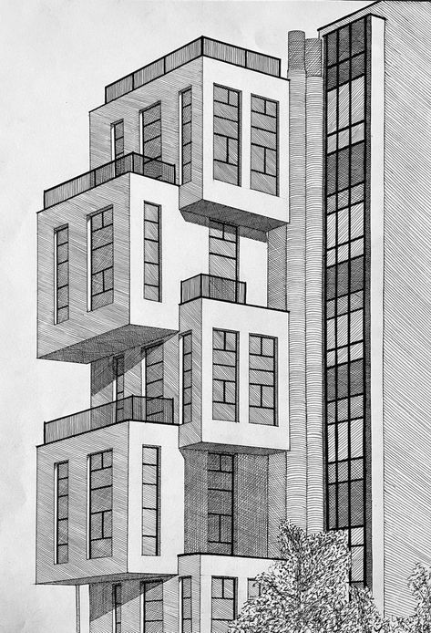 Freehand Sketching Architecture, Architecture Sketches Simple, Step By Step Perspective Drawing, Exterior Perspective Architecture, 2d Architecture Drawing, Future Architecture Concept, Easy Building Sketches, Building Drawing Architecture Sketches, Building Sketches Simple