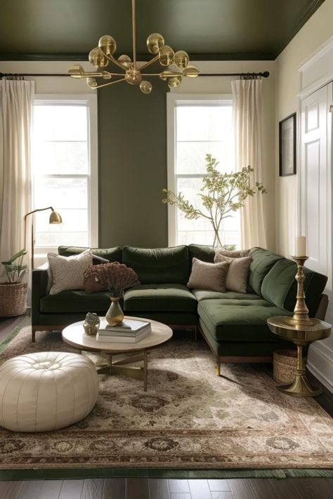 Dark Living Room Walls, Living Room Inspiration Green, Green Living Room Walls, Brown And Green Living Room, Living Room Ideas Dark, Dark Living Room Decor, Green Living Room Color Scheme, Olive Living Rooms, Salon Art Deco