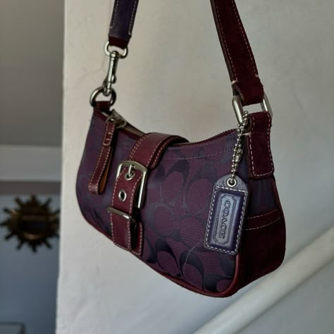 $230 free shipping 💌SOLD Y2K Coach Plum Purple Demi Buckle Suede Canvas Shoulder Bag approx measurements 8.5” L 4.5” H 2” W with 7” drop 💌 PRICE FIRM/NO OFFERS - excellent condition - rare color way 💜 - bottom is suede #y2k #coach #vintage Coach Purple Bag, Coach Shoulder Bag Vintage, Purple Coach Bag, Vintage Coach Shoulder Bag, Coach Bags Vintage, Coach Bag Vintage, Vintage Coach Bags Outfits, Styling Handbags, Vintage Coach Purse