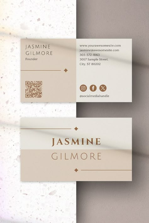 Boho neutral beige editable business card, QR code, and social media icons. Stylish business cards for coaches, beauticians, estheticians, interior designers, stylists, make-up artists, hair stylists, crafters, dressmakers, seamstresses, wedding planners, wedding decorators, small businesses, freelancers and entrepreneurs. Interior Business Card Design, Business Card For Small Business, Aesthetic Visiting Card, Business Card Esthetician, Business Card For Designer, Business Cards Artist, Professional Business Card Design Ideas, Graphic Business Card, Neutral Business Cards