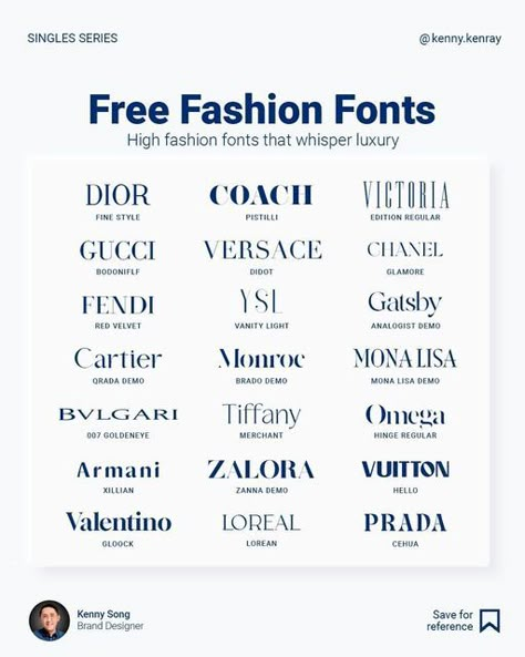 Different Word Fonts, List Of Designer Brands, Fonts Clothing Brand, Fonts For Luxury Brands, Fashion Brand Typography, Vogue Font Canva, Boujee Fonts, Best Font For Logo Design, Fashion Designer Name Ideas