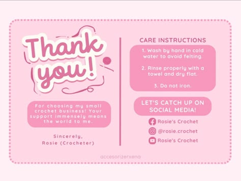 pink thank you/care card inspo for crochet businesses! (front design only) 🧶🩷 #minimalist #simple #inspo #pink #crochet #tycard #thankyoucard #card Pink Thank You Card, Crochet Business Cards Ideas, Thank You Card Ideas For Small Business, Thankyoucard Design Business, Thank You Card Cute, Thank You Card For Small Business, Thank You Card Business, Crochet Packaging Ideas, Crochet Business Logo