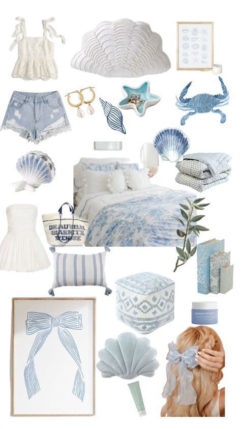 Beach blue aesthetic room decor and style ideas Blue Coastal Granddaughter Bedroom, Neutral Coastal Bedroom Decor, Pink And Blue Beach Bedroom, Beach Costal Room, Blue Coastal Bedroom Aesthetic, Coastal Granddaughter Bedroom Ideas, Coastal Themed House, Blue Beach House Aesthetic, Room Ideas Costal Grandaughter