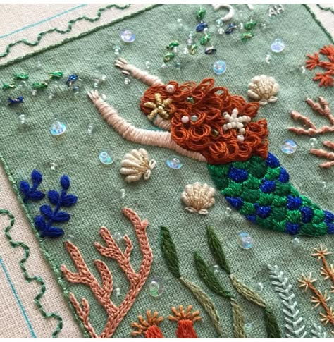 Mermaid Embroidery Patterns, Mermaid Embroidery Designs, Embroidered Mermaid, Mermaid Embroidery, Brazilian Embroidery Stitches, Hardanger Embroidery, Embroidery Patterns Vintage, Hand Embroidery Projects, Brazilian Embroidery