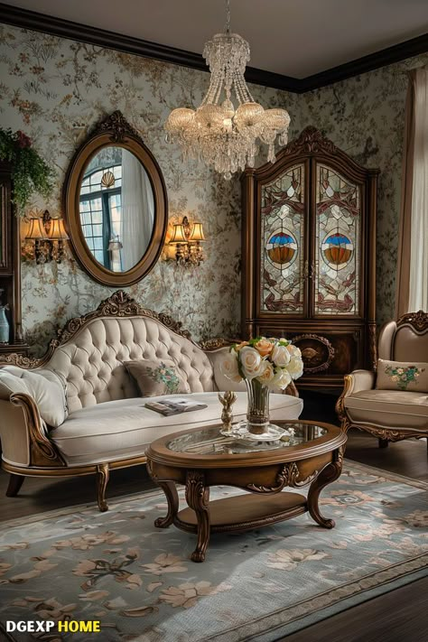 Nostalgic Art Nouveau living room with floral wallpaper and a classic chandelier. Victorian Sofa Living Room, Sala Retro, Stained Glass Cabinet, Art Nouveau Living Room, Salas Living Room, Embrace Art, Vintage Floral Wallpaper, Victorian Sofa, Classical Furniture