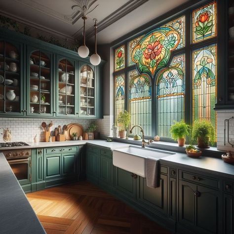 Glass Window Kitchen Cabinets, Kitchen With Stained Glass Windows, Stained Glass Cabinets Kitchen, Stained Glass Window In Kitchen, Stained Glass Windows Kitchen, Stain Glass Cabinet Doors, Art Nouveau Kitchen Cabinets, Art Nouveau Kitchen Design, Art Nouveau Stained Glass Window