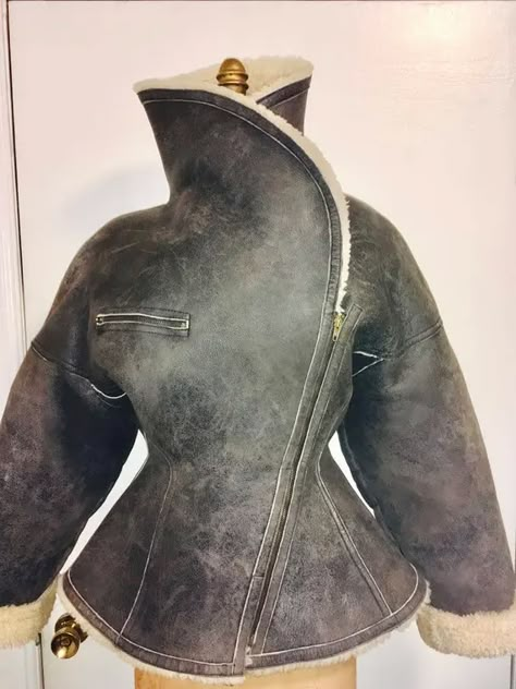 AZZEDINE ALAIA couture 1980 runway leather motorcycle… - Gem 1980 Runway, Alaia Couture, Hourglass Jacket, France Museum, Azzedine Alaïa, Azzedine Alaia, Couture Jackets, Fashion Mask, Vintage Runway