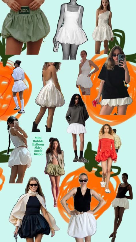 Collage of chic outfit inspirations featuring short bubble hemmed skirts in various styles, colors, and patterns Bubble Skirts, Balloon Skirt, Bubble Skirt, 2024 Fashion, Skirt Outfits, Colors And Patterns, Perfect Outfit, Bold Colors, Dressing Up