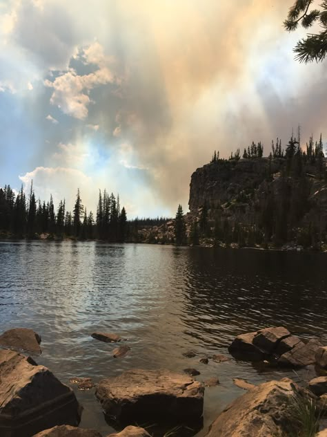 Woods With Lake, Lake Scenery Landscapes, Black Lake Aesthetic, Mountain Lake Aesthetic, Lake In Woods, Lake With Bridge, Lake In A Forest, Forest Cliff, Fantasy Lake