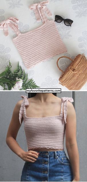 Free Crochet Crop Top with Tie Straps Pattern Crochet Shirt Easy, Crochet Tie Top Pattern Free, Quick Crochet Patterns For Beginners, Free Crochet Patterns Tops, Crochet Shirt Tutorial, Crop Top Crochet Pattern Free, Crochet Straps For Tops, Crochet Summer Tops Free Patterns Easy, Tank Top Crochet Pattern Free