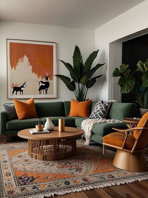 Tropical Modern Living Room, Green And Yellow Living Room, Brazilian Decor, Green And Orange Living Room, Green Couches, Green Couch Living Room, Green Sofa Living, Green Sofa Living Room, Living Room Orange