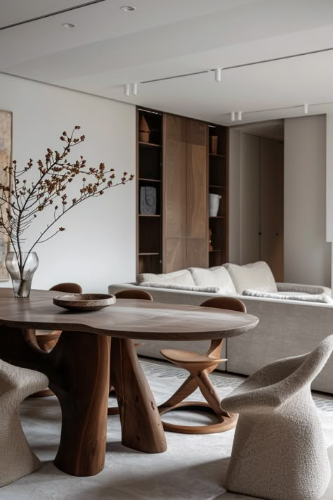 Wabi Sabi Mid Century Interior, Wabi Sabi Dinner Table, Wabi Sabi Salon Interior, Wabi Sabi Condo, Wabi Sabi Bar Stool, Dining Room Wabi Sabi, Brutalist Dining Room, Minimal Organic Interior, Japandi Interior Design Dining Room