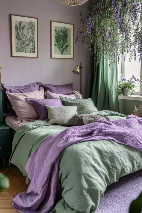 Olive Green And Lavender Bedroom, Romantic Purple Bedroom Farmhouse, Relaxing Bedroom Colours, Purple And Emerald Green Bedroom, Bedroom Purple Decor, Mint Green And Lilac Bedroom, Purple Brown Green Aesthetic, Purple Guest Bedroom Ideas, Purple And Mint Green Bedroom