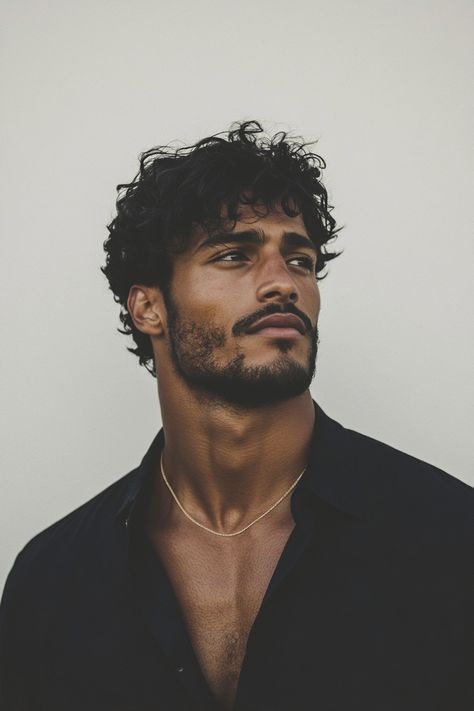 Futuristic Short Hair, Man Shoulder Length Hair, Men With Unibrow, Different Male Hairstyles, Handsome Guys With Curly Hair, Hispanic Male Face Claims, Mens Jawline, Black Guy Aesthetics, Person Looking Up