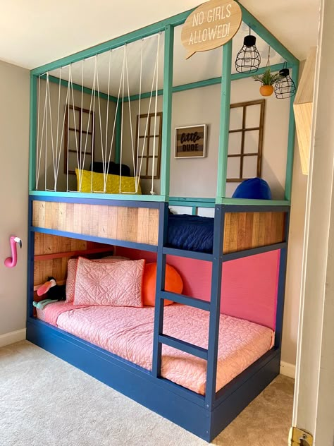 Coed Bunk Beds Shared Bedrooms, Ikea Kura Tent, Kura Loft Bed Ideas, Play Area Above Bed, Painted Kura Bed, Double Kura Bed, Bunk Beds Ikea, Ikea Kura Bunk Bed, Kura Bunk Bed Hack