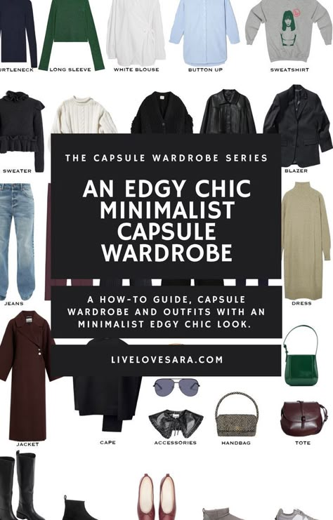 Monochromatic Wardrobe Minimal Classic, Edgy Classic Casual Outfits, Edgy Boho Capsule Wardrobe, Black Base Capsule Wardrobe, Minimalist Classic Fashion, Classic Edgy Chic Style, Hairstylist Wardrobe Style, Alternative Fashion Capsule Wardrobe, All Black Capsule Wardrobe Edgy