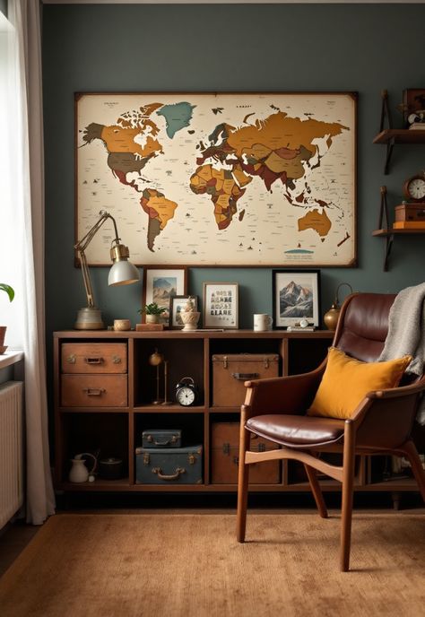 Men's Bedroom Ideas Travel Bedroom Ideas, Map Themed Bedroom, Travel Inspired Office, Travel Themed Guest Room, Travel Inspired Room, National Park Bedroom, Woodsy Living Room, Travel Decor Ideas, Mens Bedroom Ideas