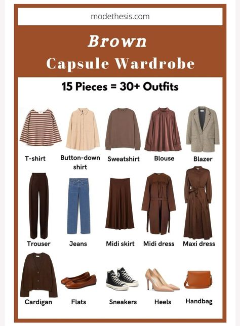 Brown Capsule Wardrobe, Wardrobe Brown, Mom Ootd, Match Outfits, Mix Match Outfits, Brown Denim, Brown Trousers, Soft Classic, Autumn Outfit