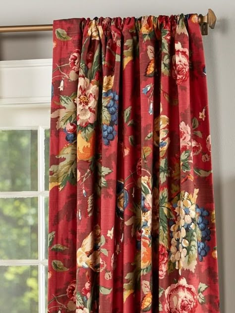 Red Farmhouse Decor Living Room, Vermont Country Store Curtains, Quilted Window Coverings, English Cottage Curtains, French Kitchen Curtains, Blind Ideas For Windows, Country Curtains Farmhouse Style, Red Cottagecore Aesthetic, Whimsical Home Interior