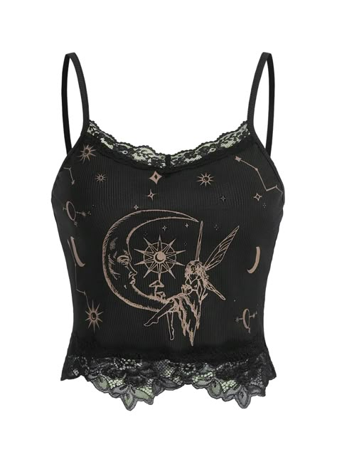 [PaidAd] The SOLY HUX Women's Y2k Lace Trim Cami Crop Top is a trendy and stylish piece that combines both Y2k and lace elements. The cami crop top features a sun and moon print, adding a unique and celestial touch to the overall design. This casual top is perfect for any Y2k-inspired outfit, whether it be for a day out with friends or a music festival. The lace trim adds a delicate and feminine touch, making it a versatile piece that can be dressed up or down. This cami crop top is a must-have for #camicroptopy2k Looks Outer Banks, Roblox Clothing Ideas, Moon Outfits, Grunge Tops, Y2k Inspired Outfit, Sun And Moon Print, Grunge Long Sleeve, Fairy Grunge Aesthetic, Crop Top Y2k