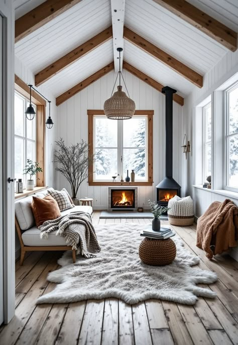 Small Cabin Interior Ideas Log Cabin Homes Interior Painted White, Small Beach Cabin Interiors, Pine Wood House Interior, Chalet House Interior, White Washed Pine Walls Cabin, Feminine Cabin Interiors, Wood Cabin Interior Rustic, Panabode Interiors, Hygge Cabin Interior