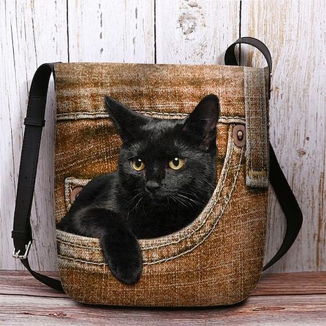 Återvinna Jeans, Fluffy Bag, Jean Purse, Pattern Cat, Outdoor Material, Denim Crafts, Yellow Cat, Cheap Handbags, Cute Black Cats