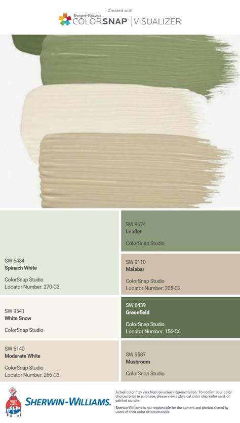 Paint Color Schemes With Sage Green, Colour Palette For Home Decor, Green Room Colour Palettes, Soft Green Painted Furniture, Green Paint Swatches Colour Palettes, Safe Green Palette, Wall Colors That Go With Sage Green, Sherwin Williams Broccoflower, Sage House Color Palette