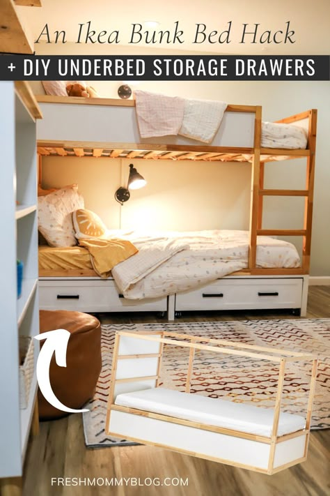 Bunk Bed Top Storage, Twin Under Bed Storage Diy, Ikea Kids Room Shared, Kura Storage Hack, Bunk Bed Hacks Diy Storage, Diy Bunk Bed With Drawers, Ikea Kura Bunk Bed With Drawers, Ikea Kura Bunk Bed Boys, Bunk Bed And Loft Bed In One Room