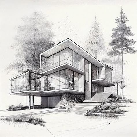 Dream House Drawing Sketch, House Sketch Plan, House Design Drawing, Architecture Drawing Sketchbooks, Perspective Drawing Architecture, Architecture Drawing Plan, Architecture Sketches, Building Drawing, Drawing Architecture