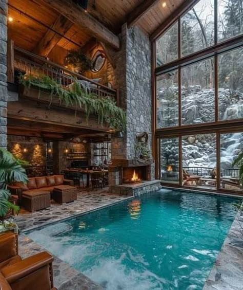 Log Cabin Mansions, Cabin Mansion, Mountain Dream Homes, Luxury Log Cabins, Indoor Pool Design, Log Cabin Interior, Cabin Vibes, Log Cabin Ideas, Indoor Pools