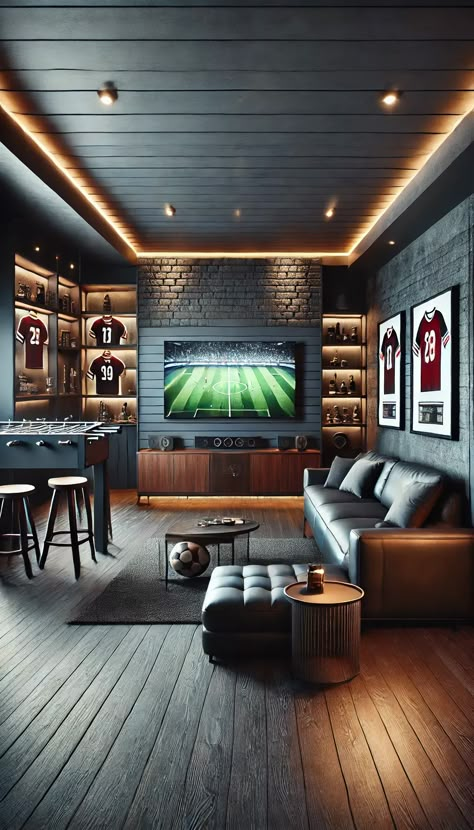 21 Jaw-Dropping Man Cave Decor Ideas You Must See to Believe! 🕶️🎱 Football Man Cave Ideas, Modern Man Cave Ideas, Office Above Garage, Modern Mancave, Man Cave Decor Ideas, Attic Man Cave, Basement Speakeasy, Classy Man Cave, Industrial Man Cave