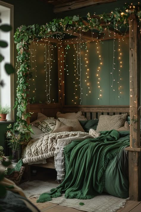 29 Dark Green Bedroom Ideas for a Luxurious and Calming Space 19 Dark Forest Theme Bedroom, Brown Black And Green Bedroom, Forest Green Bedding Ideas, Dark Green Witchy Bedroom, Dark Forestcore Bedroom, Forest Green Room Ideas Bedroom Aesthetic, Forestry Bedroom, Cozy Bedroom Aesthetic Green, Fantasy House Decor