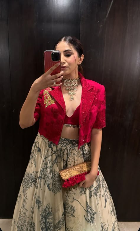 Lehnga Designs Indowestern, Western Outfits Women Party Gown, Jacket Blouse Lehenga, Trending Blouse Designs 2020, Indian Jacket Outfit, Printed Designer Dresses, Red Indo Western Outfit For Women, 3 Piece Indo Western Women, Indo Western Jackets For Women