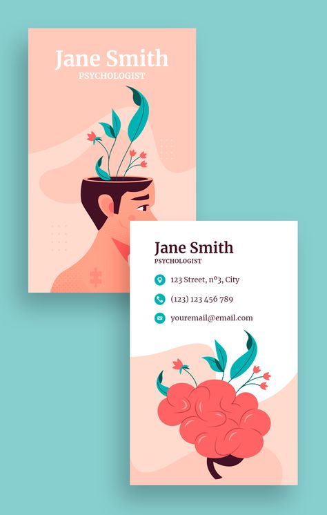 Cute Hand-drawn Jane Smith Psychologist Business Card Business Card Psychology, Psychologist Business Card Design, Pink Psychology, Psychologist Branding, Psychotherapist Business Card, Psychology Business Card, Psychologist Business Card, Degree Card, Logo Clinic