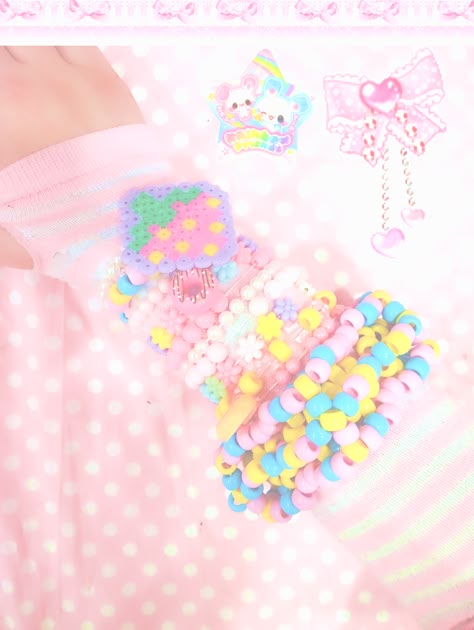 cute cutecore kawaii kawaiicore bracelets star shaped kandi strawberry perler beads jfashion jojifuku Kawaii Kandi Bracelets, Cutecore Bracelet Ideas, Cutecore Perler Bead, Cutecore Bracelets, Cutecore Bracelet, Cutecore Kandi, Strawberry Perler, Cutecore Accessories, Pastel Kandi