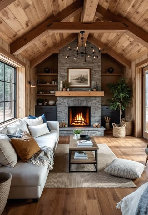 Small Cabin Interior Ideas Modern Farmhouse Cabin Interiors, How To Make A Log Cabin Look Modern, Vaulted Cabin Ceiling, Canadian Cottage Decor, Loghouse Interior Design, Tahoe Cabin Interior, Pine Wood Interior Design, Cabin House Design Interiors, Nordic Cabin Design